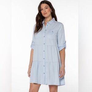 Velvet Heart Bree Baby Blue Soft Chambray Button Down Tiered Dress Large